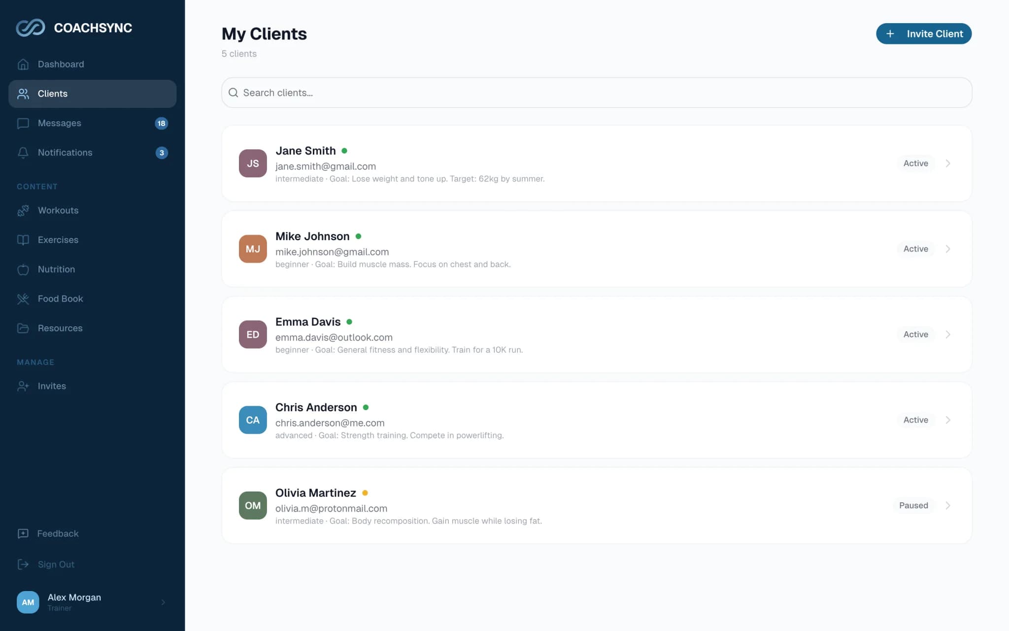 CoachSync clients dashboard listing five trainees with their goals and active or paused status.
