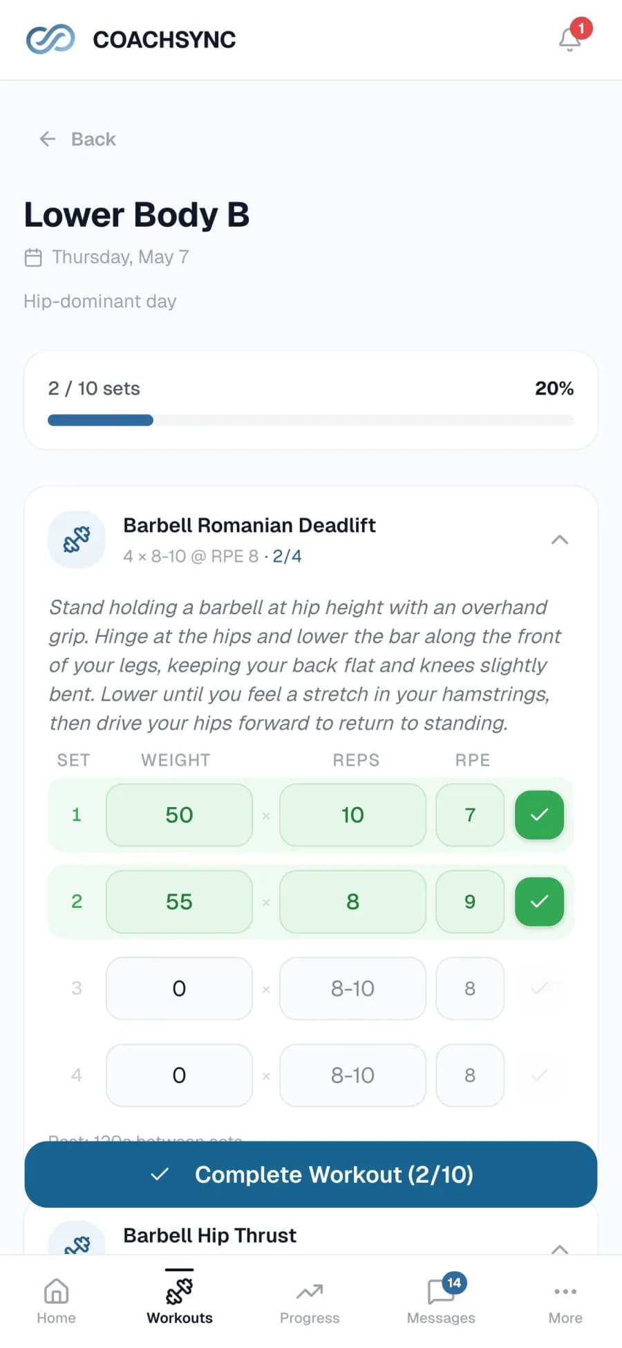 Mobile workout logging screen with weight, reps, and RPE inputs for a Pull-Up exercise.