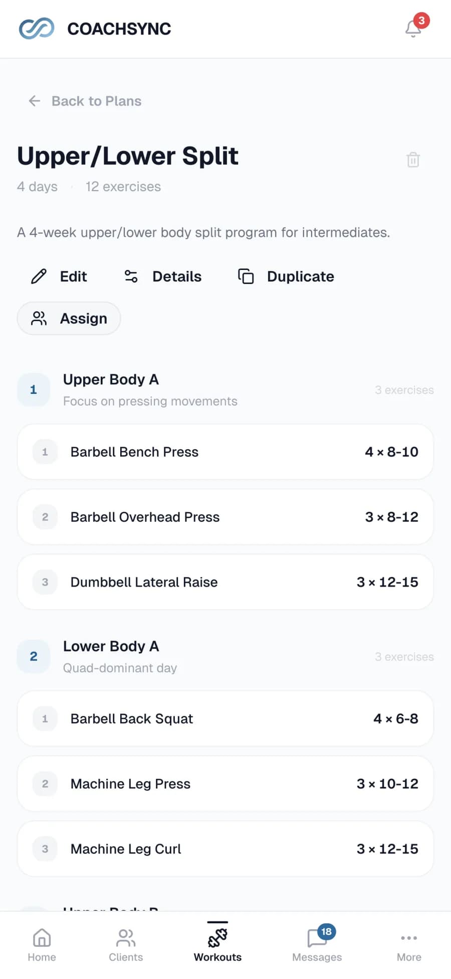 Workout plan editor showing an Upper/Lower split with exercises, sets, reps, rest, and RPE.